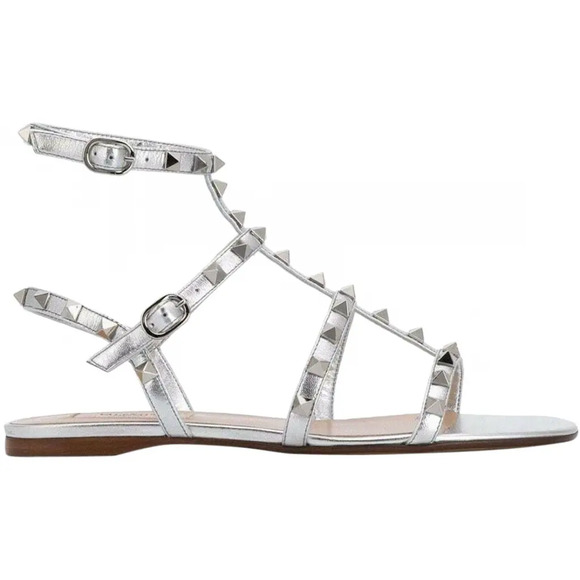 Valentino Rockstud Silver Stud Leather Ankle Strap Gladiator Flat Sandal 36.5 - Picture 1 of 12